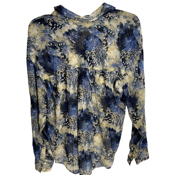 Free People Blouse XS Blue Beige Easy Rider Sheer Chiffon Button Up Top Boho - Picture 4 of 7